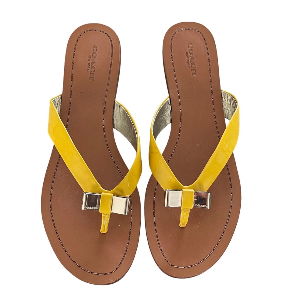 Coach Sable Yellow Patent Leather‎ Bow Thong Sandals Flat Flip Flops Q3259 9.5